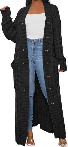 Womens Stylish Cable Knit Dual Chunky Cardigan with Button, Floor Length Maxi Cardigans in Kuwait