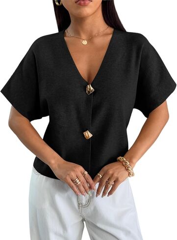 ZAFUL Women's Short Sleeve Office Spring Fall Winter Cardigan Sweater Button Down V Neck Slim Fit Knit Tops in Saudi Arabia