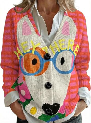 سترة منقوشة بمقاس كبير، سترة محبوكة برقبة على شكل حرف V مع أزرار حيوانات مرسومة يدويًا، قماش ناعم مطاطي in Kuwait