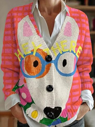 سترة منقوشة بمقاس كبير، سترة محبوكة برقبة على شكل حرف V مع أزرار حيوانات مرسومة يدويًا، قماش ناعم مطاطي in Kuwait