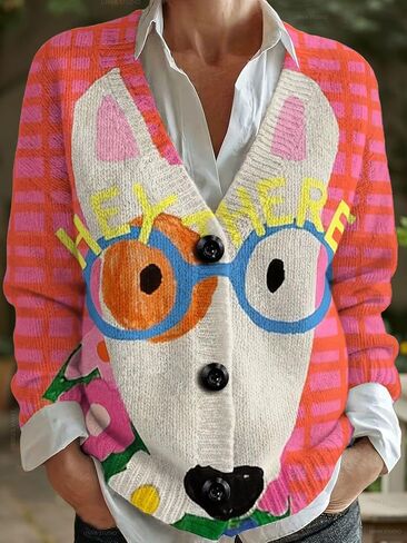 سترة منقوشة بمقاس كبير، سترة محبوكة برقبة على شكل حرف V مع أزرار حيوانات مرسومة يدويًا، قماش ناعم مطاطي in Kuwait