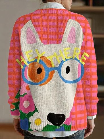 سترة منقوشة بمقاس كبير، سترة محبوكة برقبة على شكل حرف V مع أزرار حيوانات مرسومة يدويًا، قماش ناعم مطاطي in Kuwait