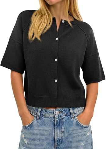 Cicy Bell Womens Short Sleeve Sweater Cardigan Casual Button Down Lightweight Cropped Ribbed Knit Tops in Saudi Arabia