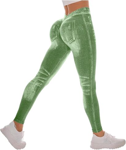 Workout Leggings for Women Faux Denim Print Compression Jeggings V Back Butt Lifting High Waist Yoga Pants in Saudi Arabia