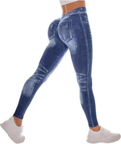 Workout Leggings for Women Faux Denim Print Compression Jeggings V Back Butt Lifting High Waist Yoga Pants in Saudi Arabia