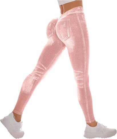 Workout Leggings for Women Faux Denim Print Compression Jeggings V Back Butt Lifting High Waist Yoga Pants in Saudi Arabia