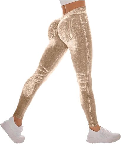 Workout Leggings for Women Faux Denim Print Compression Jeggings V Back Butt Lifting High Waist Yoga Pants in Saudi Arabia