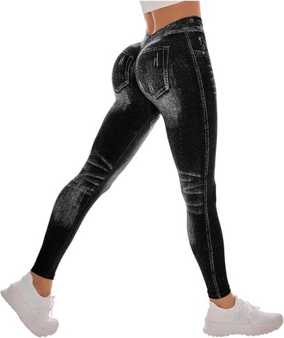 Workout Leggings for Women Faux Denim Print Compression Jeggings V Back Butt Lifting High Waist Yoga Pants in Saudi Arabia