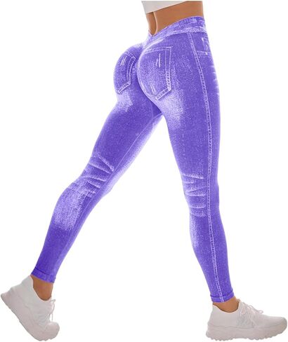 Workout Leggings for Women Faux Denim Print Compression Jeggings V Back Butt Lifting High Waist Yoga Pants in Saudi Arabia