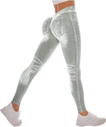 Workout Leggings for Women Faux Denim Print Compression Jeggings V Back Butt Lifting High Waist Yoga Pants in Saudi Arabia
