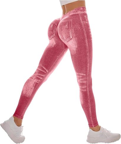 Workout Leggings for Women Faux Denim Print Compression Jeggings V Back Butt Lifting High Waist Yoga Pants in Saudi Arabia