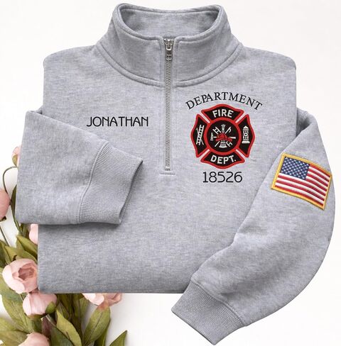 LOVELYPOD Custom Firefighter Logo Embroidered Quarter Zip Sweatshirt with Name, Personalized Fireman Shirt, Custom Fire Department Gift for Fire Captain, Badge, Firefighter Wife, Mom, Girlfriends in Saudi Arabia
