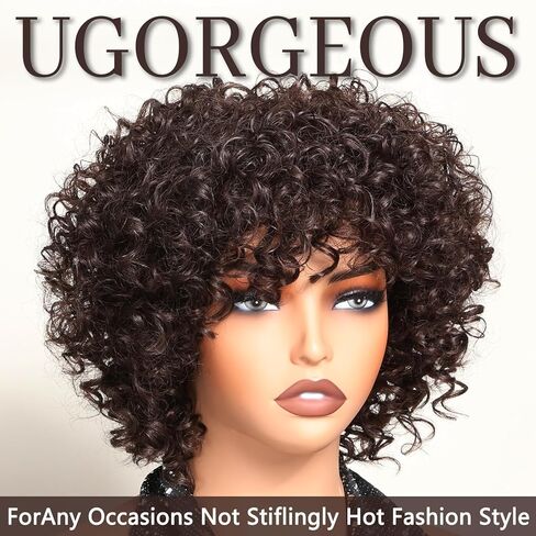 Curly Wigs With Bangs For Black Women Brown Synthetic Curly Wigs Heat Resistant Fiber Fluffy Wig Short Afro Wig(Brown 6inch) in Saudi Arabia