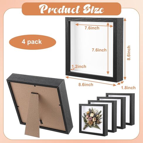 4 Pack Deep Shadow Boxes Frame Display Cases for Wall or Tabletop - Showcase Photos, Dried Flowers, Handicrafts, Collectibles in Black Wooden Picture Frames，8 x 8 Inch in Saudi Arabia