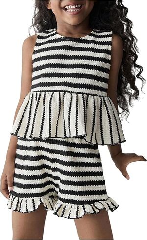 MakeMeChic Toddler Girl's 2 Piece Cute Outfits Striped Bow Sleeveless Ruffle Tops Shorts Set in Saudi Arabia