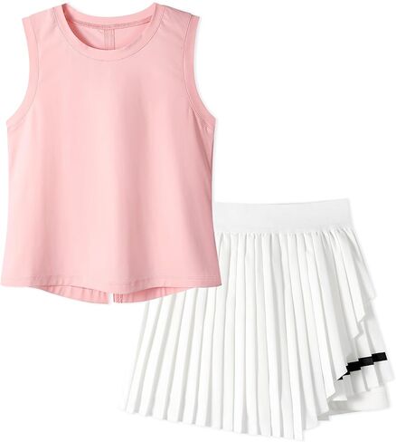 Rolanko Girls Tennis Skirt Set, UPF 50+ Tank Top & Pleated Skort with Built-in Shorts and Pocket Kids 2 Piece Outfit in Saudi Arabia