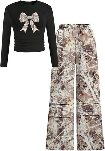 SOLY HUX Girl's 2 Piece Outfits Camo Bow Graphic Long Sleeve T Shirt and Cargo Pants Set Fall Clothes Streetwear in Saudi Arabia