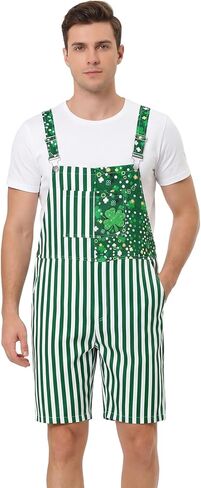 Men's St Patrick's Day Overalls,Green Striped Jumpsuit Adjustable Straps,Irish Shamrock Costume for Parade Festival in Saudi Arabia
