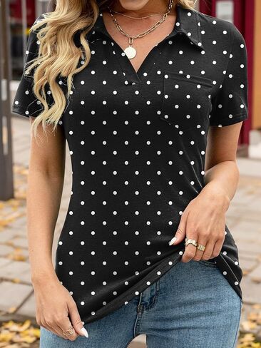 Womens Polo Shirts Collared V Neck Short Sleeve Tops Casual Tunic Blouses with Pocket in Saudi Arabia