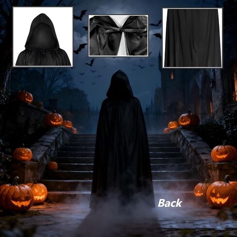 عباءة طويلة بغطاء للرأس مقاس 55 بوصة، إكسسوارات للهالوين الأسود الساحرة لمصاصي الدماء للبالغين زي حفلات الهالوين التنكرية in Kuwait