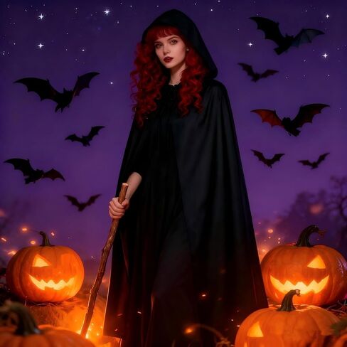 عباءة طويلة بغطاء للرأس مقاس 55 بوصة، إكسسوارات للهالوين الأسود الساحرة لمصاصي الدماء للبالغين زي حفلات الهالوين التنكرية in Kuwait