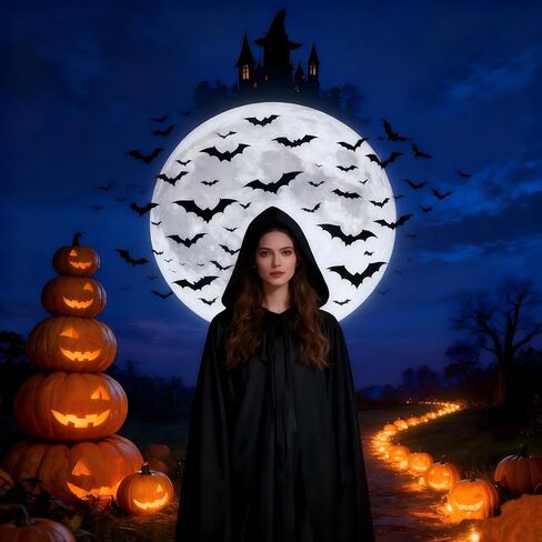 عباءة طويلة بغطاء للرأس مقاس 55 بوصة، إكسسوارات للهالوين الأسود الساحرة لمصاصي الدماء للبالغين زي حفلات الهالوين التنكرية in Kuwait