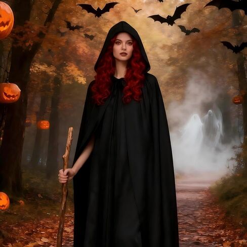 عباءة طويلة بغطاء للرأس مقاس 55 بوصة، إكسسوارات للهالوين الأسود الساحرة لمصاصي الدماء للبالغين زي حفلات الهالوين التنكرية in Kuwait