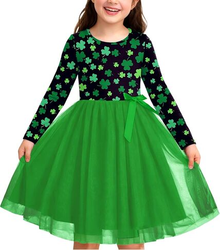 Remimi Girls St. Patrick's Day Tutu Dress Long Sleeve Tulle Shamrock Printed Dresses 3-12 Years in Saudi Arabia