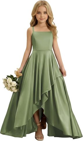 Maxianever فساتين وصيفة الشرف عالية منخفضة للصغار برقبة مربعة وحزام سباغيتي فستان فتاة الزهور رسمي للمراهقين in Kuwait