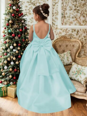 Satin Long Flower Girl Dresses for Wedding Backless Princess Pageant Dress Spaghetti Straps Girls Formal Dresses in Saudi Arabia