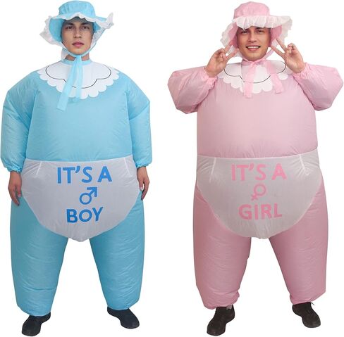 أزياء IRETG القابلة للنفخ ((الأزرق والوردي)) للبالغين - بدلة طفل عملاقة مضحكة للكشف عن الجنس، والهالوين والحفلات التنكرية - بدلة سمينة متينة مع مروحة قابلة للنفخ (مقاس واحد يناسب 5FT-6.2FT) in Kuwait