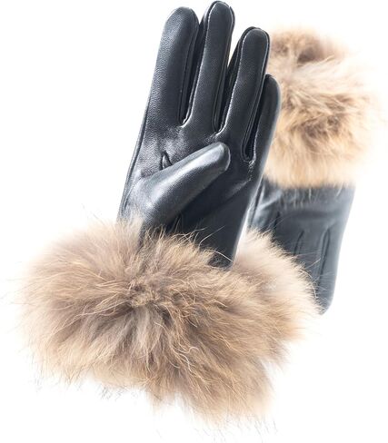 HEIZZI Real Fur Gloves - Lambskin Leather Touchscreen Driving Gloves with Real Fox Fur Cuff Unisex for Winter Dress in Saudi Arabia