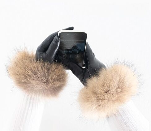 HEIZZI Real Fur Gloves - Lambskin Leather Touchscreen Driving Gloves with Real Fox Fur Cuff Unisex for Winter Dress in Saudi Arabia