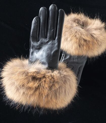 HEIZZI Real Fur Gloves - Lambskin Leather Touchscreen Driving Gloves with Real Fox Fur Cuff Unisex for Winter Dress in Saudi Arabia