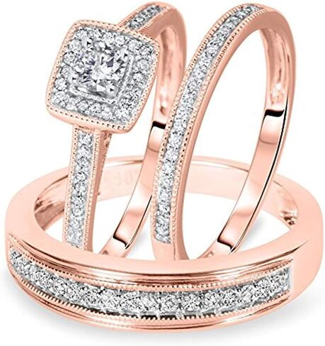 خاتم زفاف ثلاثي من الألماس الأبيض المقلد له ولها من الذهب الوردي عيار 14 قيراط أكثر من .925 من الفضة الإسترليني 1/2 قيراط in Kuwait