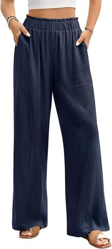 Women's Linen Palazzo Pants Summer Flowy Wide Leg Trousers Elastic Waist Casual Boho Pants Vacation Outfits 2026 in Kuwait