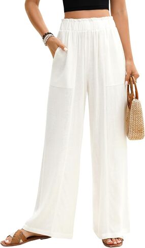 Women's Linen Palazzo Pants Summer Flowy Wide Leg Trousers Elastic Waist Casual Boho Pants Vacation Outfits 2026 in Saudi Arabia