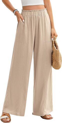 Women's Linen Palazzo Pants Summer Flowy Wide Leg Trousers Elastic Waist Casual Boho Pants Vacation Outfits 2026 in Saudi Arabia