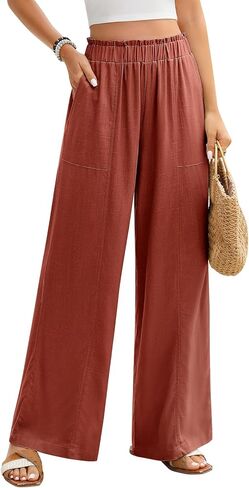 Women's Linen Palazzo Pants Summer Flowy Wide Leg Trousers Elastic Waist Casual Boho Pants Vacation Outfits 2026 in Saudi Arabia