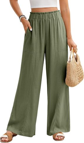 Women's Linen Palazzo Pants Summer Flowy Wide Leg Trousers Elastic Waist Casual Boho Pants Vacation Outfits 2026 in Saudi Arabia