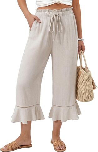 EVALESS Linen Pants Women Summer Casual Wide Leg Drawstring Elastic Waist Ruffle Hem Capri Pants with Pockets in Saudi Arabia
