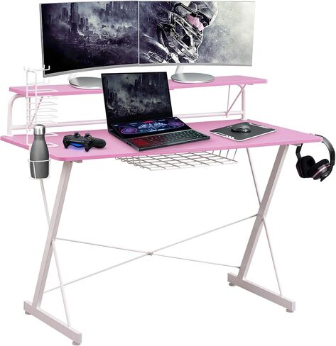 Techni Sport Gaming Desk - Two-Way Computer Desk with Elevated Monitor Stands, CD Rack, Cup Holder, & Accessories Storage for a Complete Gaming Setup - Carbon Laminated with Durable Steel Frame in Saudi Arabia
