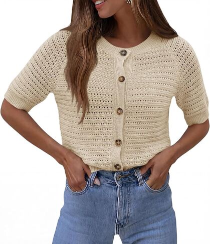 Saodimallsu Womens Crochet Cardigans Short Sleeve Button Down Knit 2026 Summer Casual Crew Neck Sweater Tops in Saudi Arabia