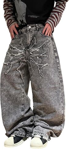 Mens Baggy Jeans Spider Web Patch Wide Leg Jeans Hip Hop Denim Pants Loose Fit Skater Jean Trousers in Kuwait