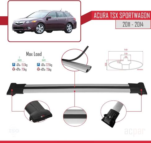متوافق مع Acura TSX Sport Wagon 2011-2014 Fly Model Car Roof Rack Cross Bar رمادي ألومنيوم 2 بار in Kuwait