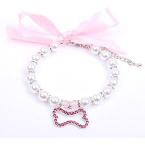 Dog Cat Pearls Necklace Collar with Rhinestones Bone Charm Pendant Pet Puppy Jewelry Accessory (Crystal, Small)