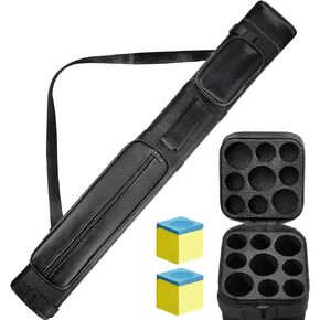 Deekin 3 x 6 Pool Stick Case Hard Billiard Cue Stick Case Pool Stick Carrying case Storage Pouch Pool Table Accessories 9 Holes PU Pool Cue Bags with 2 Pieces Pool Chalk Cubes