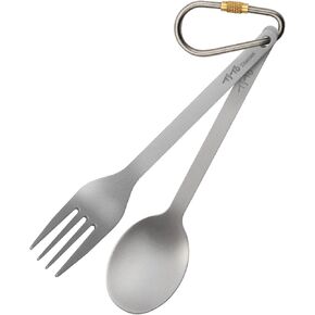 TiTo Titanium Camping Cutlery Set - Fork and Spoon With Carabiner Clip Ultralight Portable Titanium Flatware Safe Durable for Outdoor Hiking Backpacking