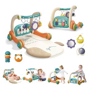 3 in 1 Baby Activity Gym Center, Tummy Time Play Mat Gym, Baby Push Walker, Kick and Play Piano with Music and Light,Sensory Toys for Newborn Babies Infants Toddlers Boys Girls