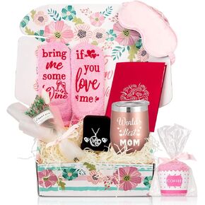 Whaline Gift Box for Mom 10pcs Mother's Day Gift Set Including Necklace Earrings Jewelry Box Socks Vacuum Flask Eye Mask Earplug Greeting Card Dried Flower Bundle for Mom's Day Birthday Present